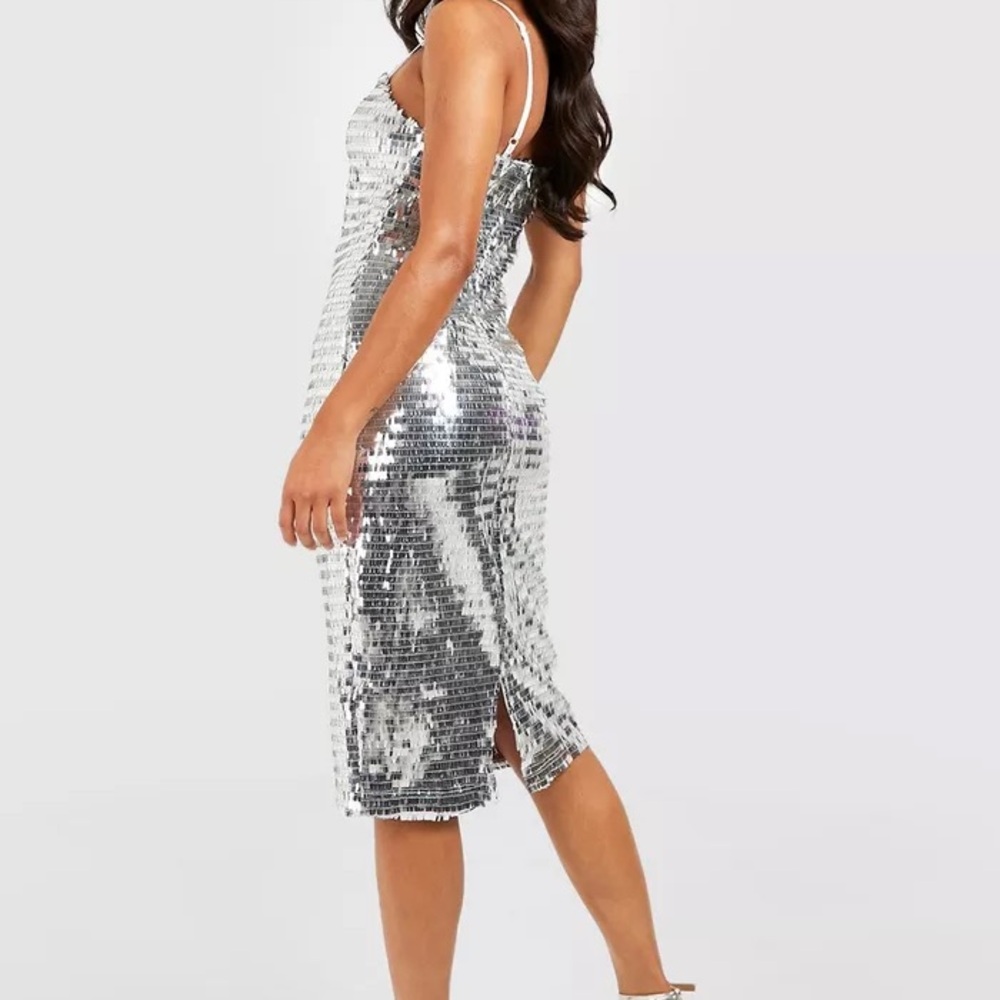 NWT Boohoo Silver Square Neck Sequin Midi Dress size 10 - Picture 3 of 8